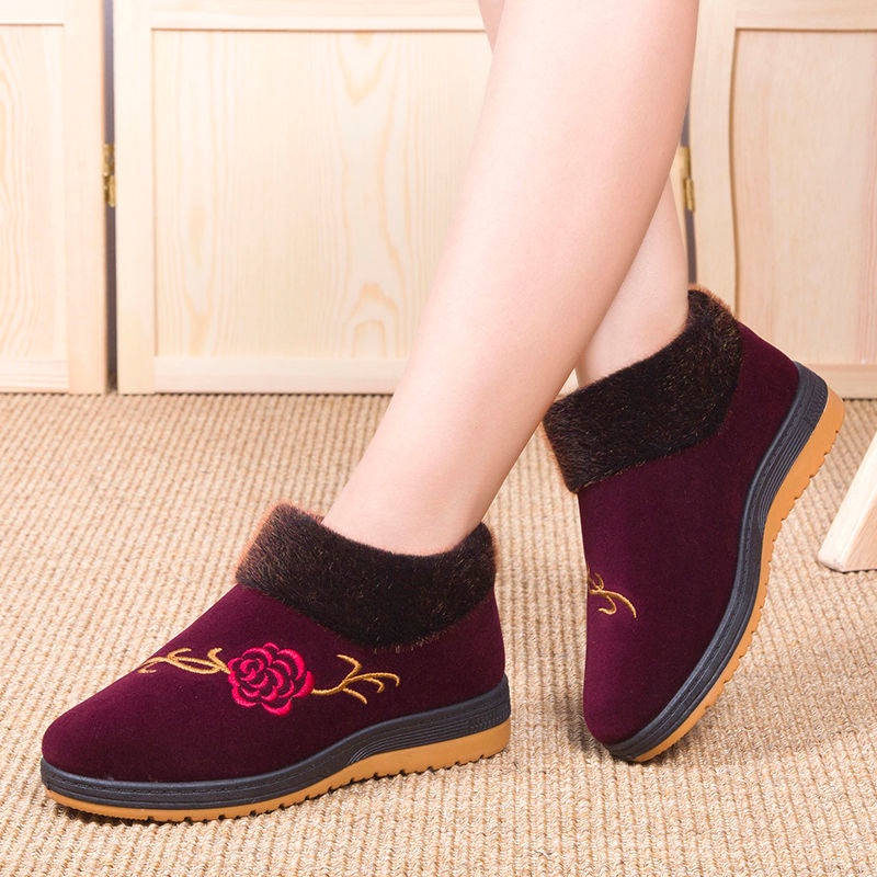 Giày Vải Cotton Lót Lông Cừu Dày Dặn Giữ Ấm Mùa Đông Cho Phụ Nữ Trung Niên