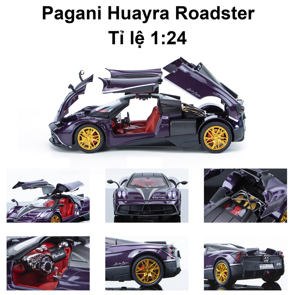 Mô hình siêu xe THẦN GIÓ Pagani Huayra Roadster tỷ lệ 1:24 mở full cửa có đèn, âm thanh, vô lăng đánh lái bấm còi