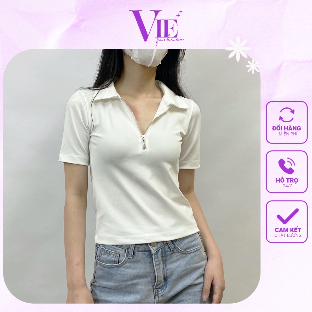 Áo polo nữ khoá kéo VIE fashion vải cotton cá sấu dáng đẹp. Áo thun nữ ngắn tay khoá kéo vải đẹp giữ phom tốt mã 2208-03