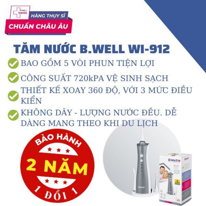 Bwell WI 912 - Tăm nước du lịch B.Well Thụy Sỹ - cải tiến 5 đầu tăm - BH 2 năm đổi máy mới toàn quốc