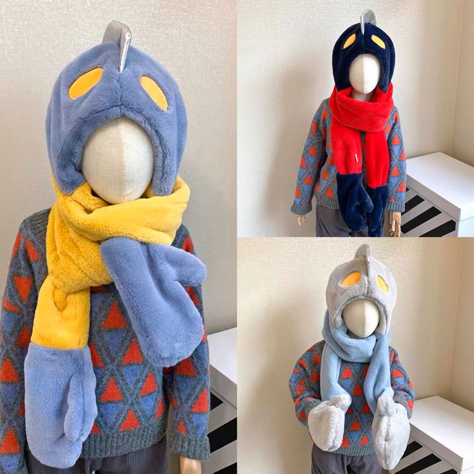 Mũ Len Kèm Khăn Choàng Cổ Và Găng Tay In Hoạt Hình Ultraman Thời Trang Mùa Đông Dành Cho Bé Trai