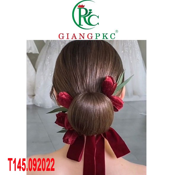 Bộ cài tóc cô dâu hoa tuy líp kèm băng đô nhung màu đỏ đô