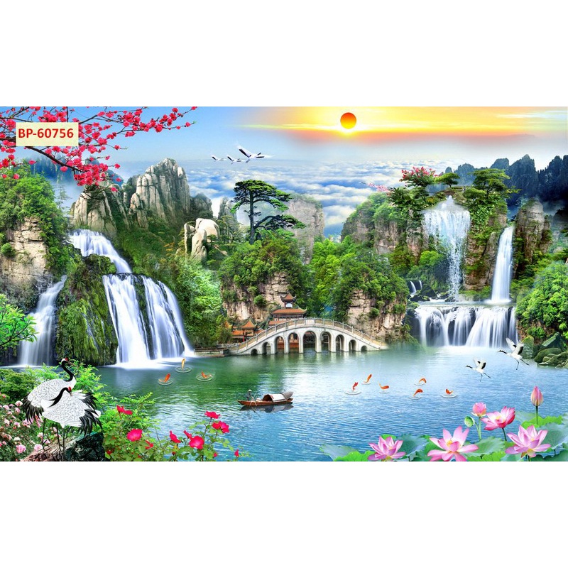 Tranh dán tường Sơn Thủy 3D Cao Cấp Tặng Keo Dụng Cụ Dán