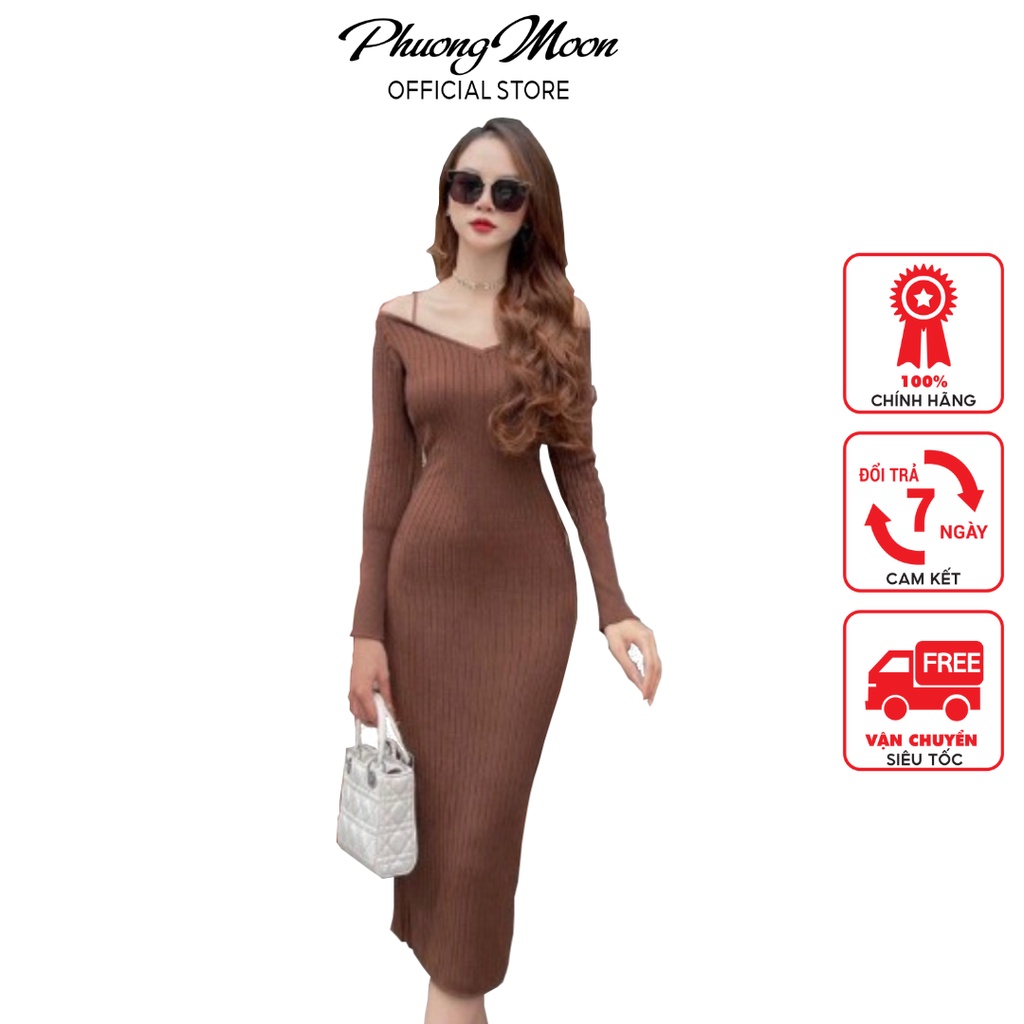 Váy len nữ PHUONGMOON, váy len dài tay, kiểu dáng cách điệu