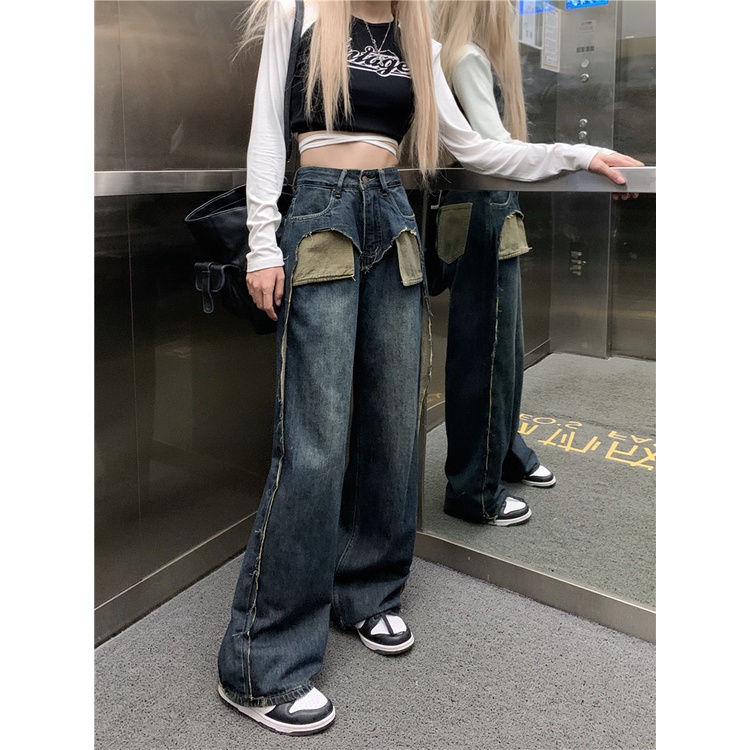 QADCOL Thiết Kế Với Túi Quần Jean Ống Rộng Thẳng Lưng Cao Phối Màu Tương Phản Cho Nữ