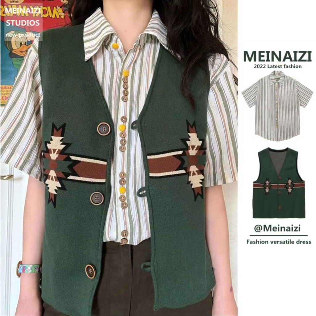 Bộ Áo Sơ Mi Tay Ngắn Và Áo Khoác Cardigan Dệt Kim Họa Tiết Kẻ Sọc Thời Trang Xuân Thu Dành Cho Nữ 11.30