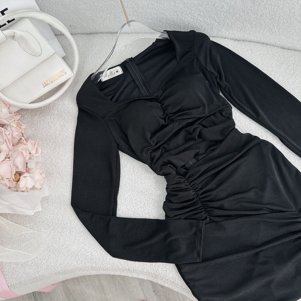 ĐẦM BODY ĐEN KHOÉT XOĂN GÚC NHÍU NGỰC TAY DÀI