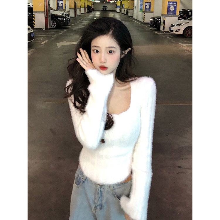 Áo Sweater Nhung Dệt Kim Tay Dài Cổ Vuông Thời Trang Mùa Thu Cho Nữ