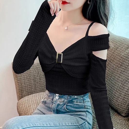 Áo croptop tay dài HAGA áo trễ vai nơ ngực sang trọng ATVN66