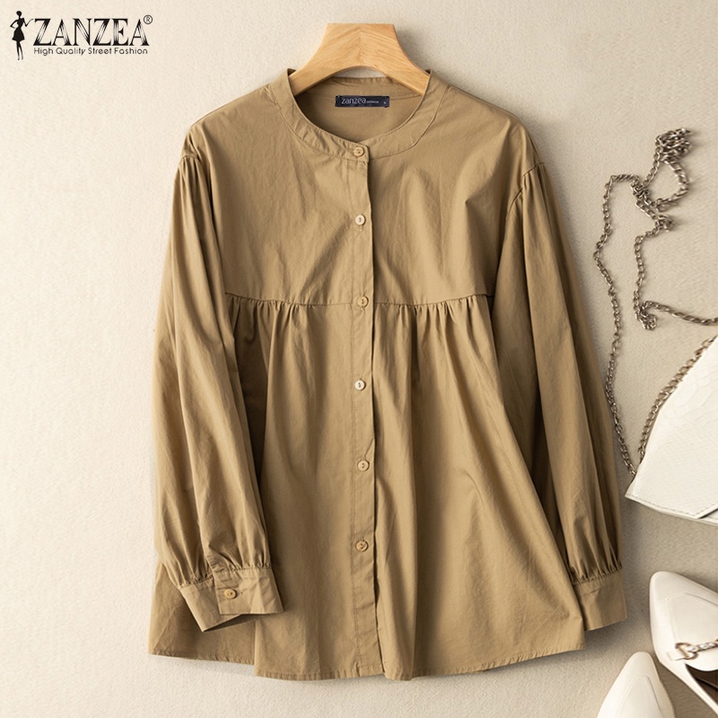 Áo kiểu ZANZEA dài tay cổ tròn xếp ly cài nút thời trang cổ điển cho nữ