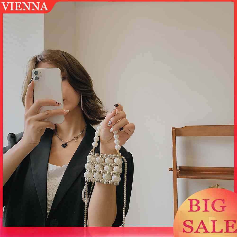 Túi Xách Đeo Chéo Đính Hạt Ngọc Trai Hình Vuông Mini Cho Nữ