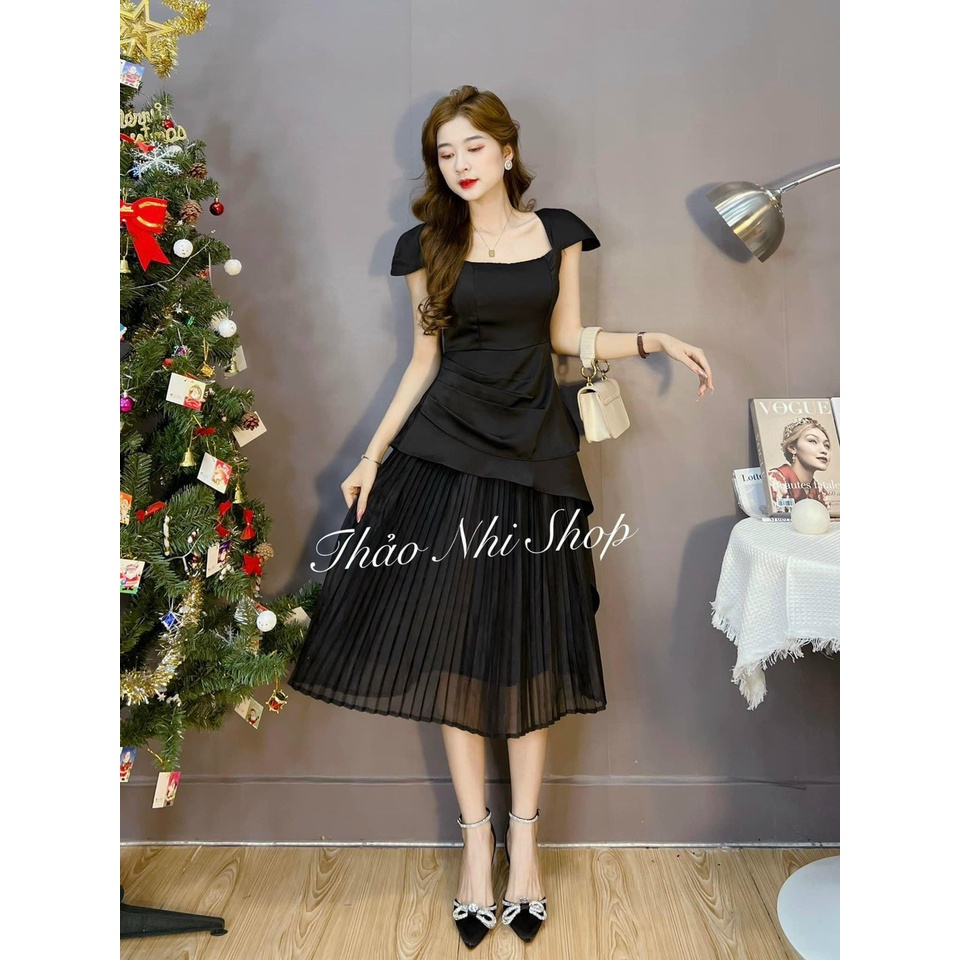 Nina Sét váy thiết kế đi tiệc, đi ăn cưới, 2 màu trắng đen sang chảnh, chân váy voan xòe xếp ly,có lớp lót bên trong