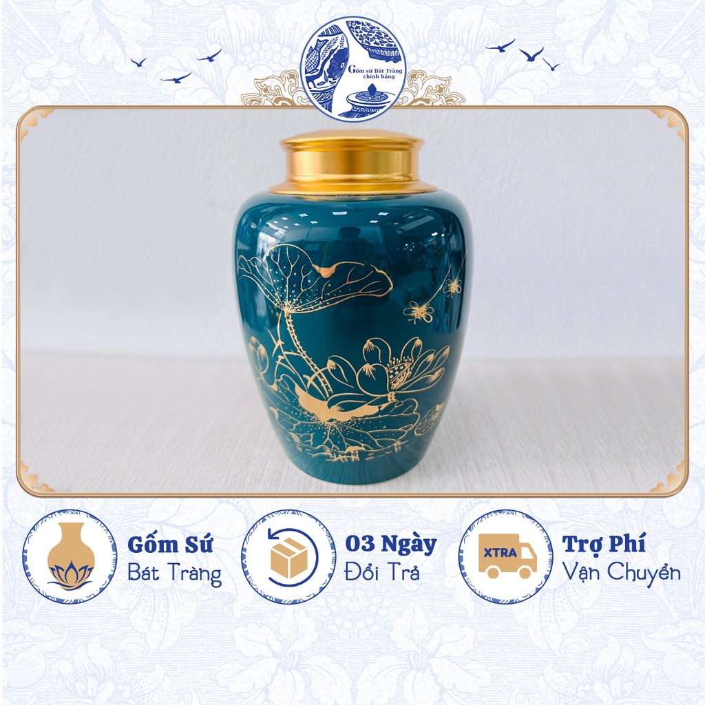 Hũ đựng trà gốm sứ nắp kín, hộp chè 2 lớp hoa văn sắc nét - Gốm sứ Bát Tràng chính hãng