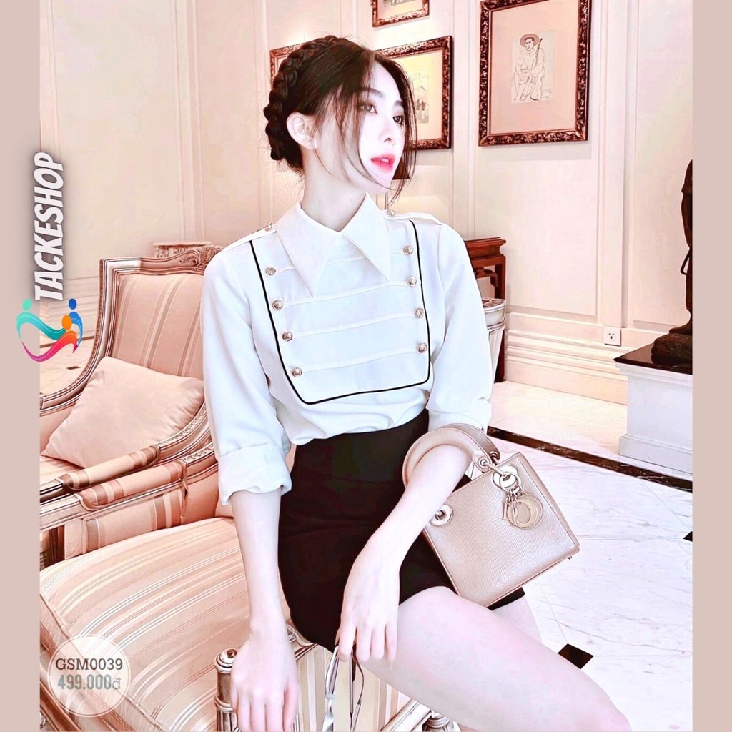 Áo sơ mi trắng dài tay viền đính nút ngực cổ cách điệu nhọn thanh lịch