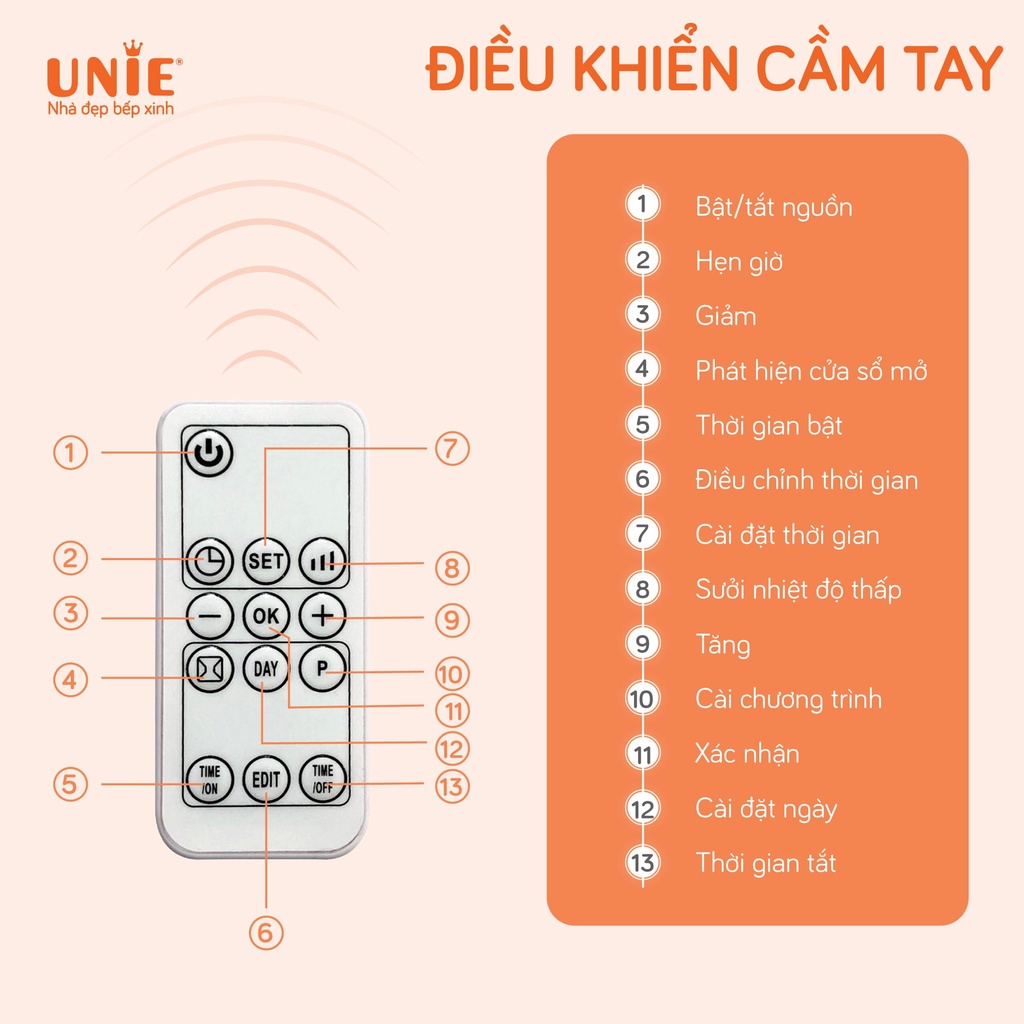 Máy Sưởi gốm Quạt sưởi Unie UE-125 công suất 2000W có điều khiển từ xa bảo hành 12 tháng chính hãng