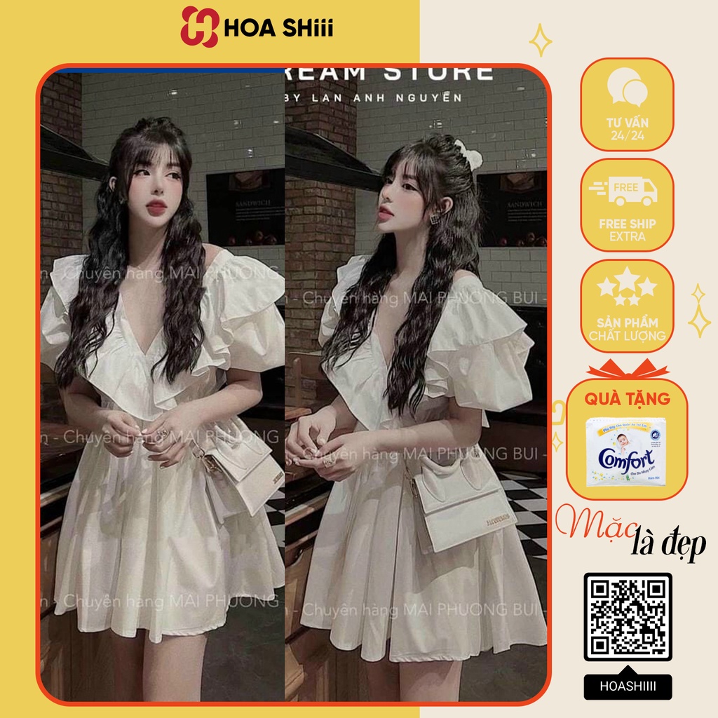 Váy cổ V babydoll, đầm babydoll kiểu dáng ullazang phong cách hàn quốc, buộc nơ sau tiểu thư siêu xinh