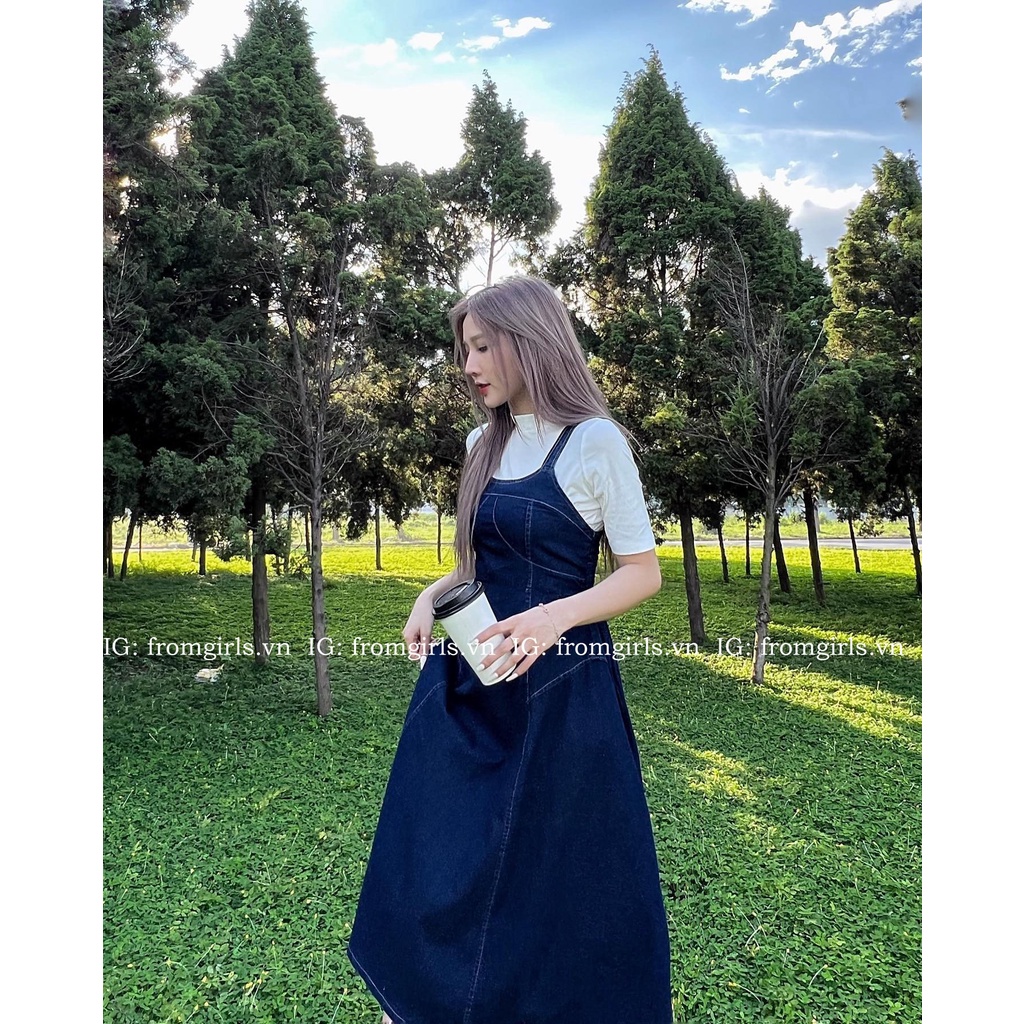 Váy yếm denim dáng dài xòe, yếm bò chun nhún lưng co giãn - V99