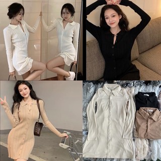 Đầm sơ mi len gân tay dài dáng ôm ngắn có hàng nút 3 màu freesize Pumi