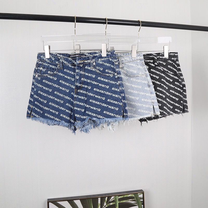 Alexander Wang denim shorts women's full print logo letter print A- shaped hot pants washed Old Tassel wide leg pants