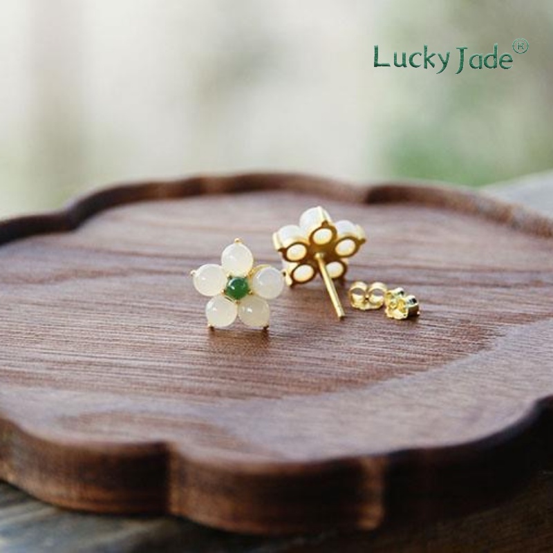 Bông Tai Mạ Bạc 925 Hình Hoa Đính Ngọc Bích Trắng Sang Trọng Cho Nữ