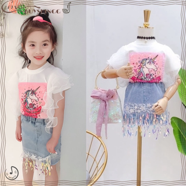 Set Đồ 2 Món Gồm Áo Ren Họa Tiết Động Vật + Chân váy jean Đính Kim Sa Cho Bé Gái 3-8 Tuổi