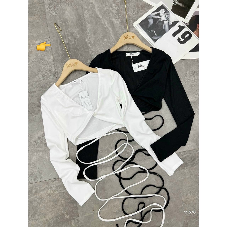 Áo kiểu tay dài cổ V hở ngực , xoắn dưới ngực kiểu dáng croptop dây quấn eo cực sexy , chất thun bozip mềm mát