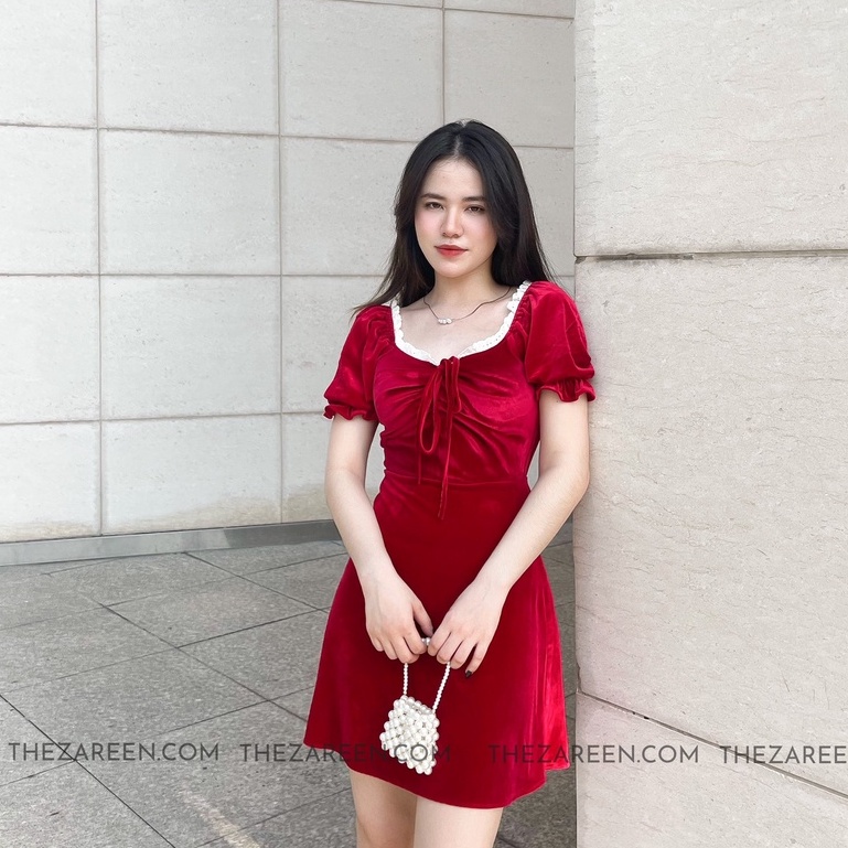 ZAREEN | ĐẦM NHUNG CỔ VUÔNG THẮT NƠ ZAREEN DAX58 ĐỎ