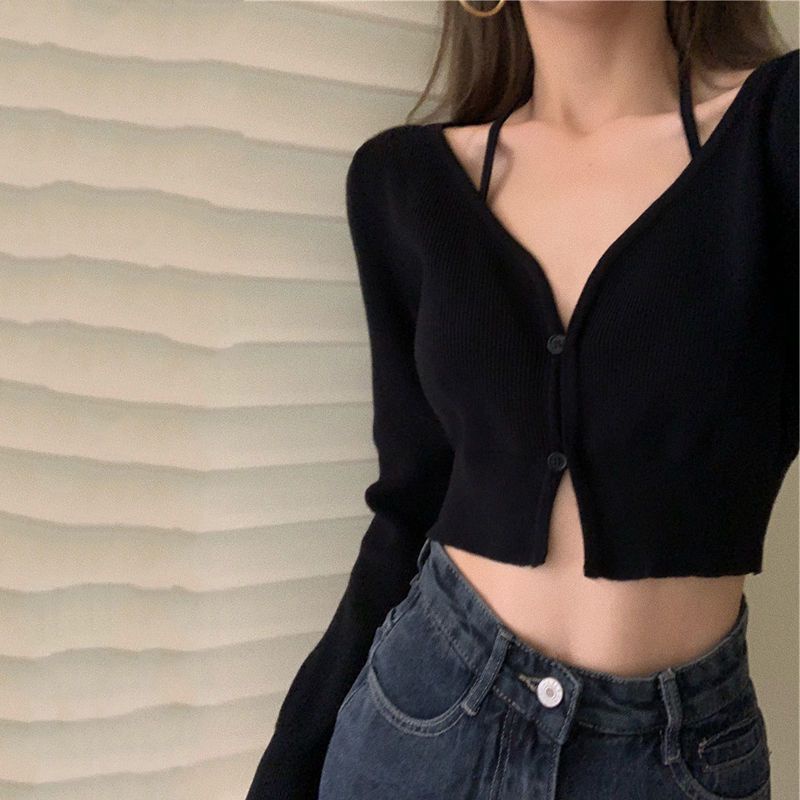 Áo Dệt Kim Tay Dài Cổ Chữ V Thời Trang Mùa Thu Phong Cách Hàn Quốc Cho Nữ