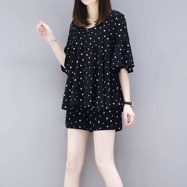 Aphrod Set Áo Thun Ngắn Tay Cổ Tròn + Quần short Lưng Cao Họa Tiết Chấm Bi Thời Trang Nữ