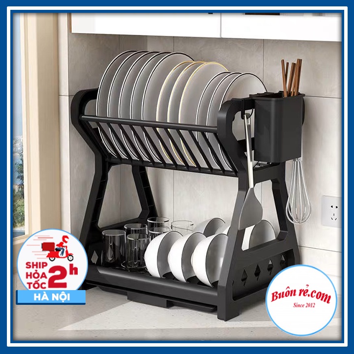 Kệ úp chén bát chữ X 2 tầng Kèm khay hứng nước đa năng - Giá úp bát 2 tầng có hộp đựng đũa thìa Br 01719
