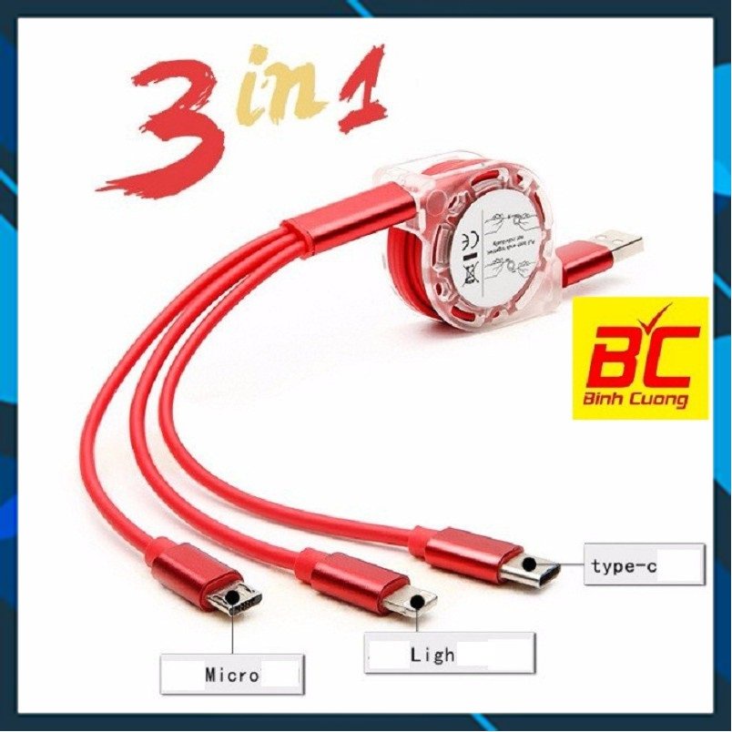Dây Sạc Nhanh 3 Đầu Dạng Cuộn(Giao Màu Ngẫu Nhiên) loại chuẩn