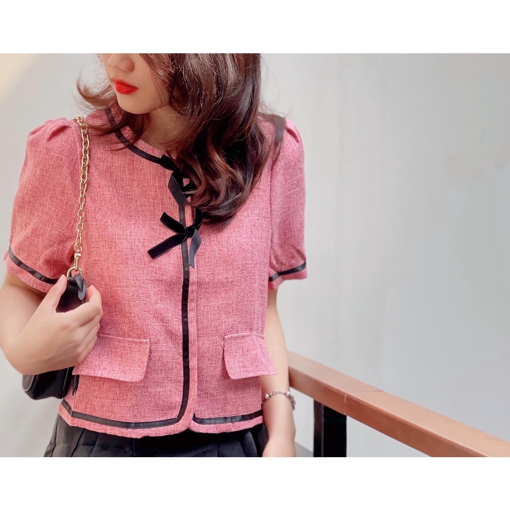 (HÀNG SẴN - HÌNH THẬT) Áo chất Tweed Hàn cổ tròn đính nơ - Blazer mặc được 2 kiểu Khoác ngoài hoặc mặc trơn