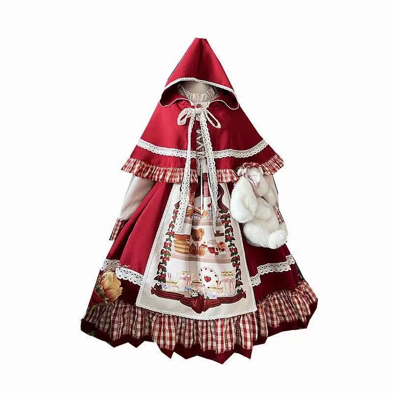 Set Đầm midi Tay Dài Màu Vàng Kem Phong Cách Cô Bé Quàng Khăn Đỏ Op Little Cho Bé Gái