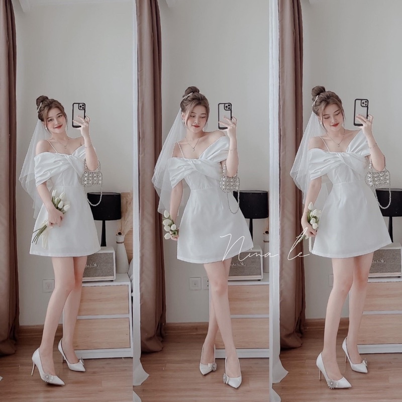 Đầm dự tiệc dáng xòe chất liệu tafta sang trọng thiết kế trễ vai phối nơ xoắn thời trang Quỳnh Như