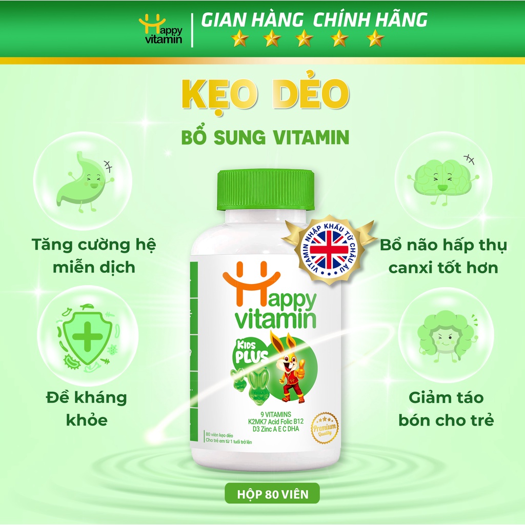[Túi nhỏ] Kẹo dẻo Vitamin tổng hợp cho bé Kids Plus+ D3K2,A,B12,C,DHA  con ăn ngon, tăng đề kháng - Happy Vitamin