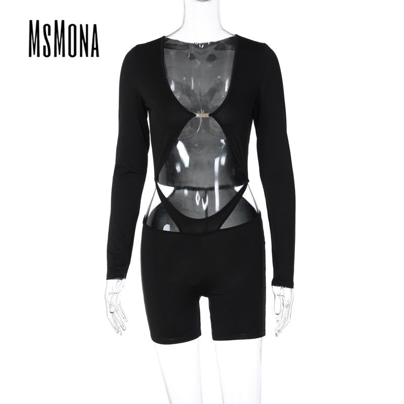 MsMona Áo Liền Quần Tay Dài Cổ Chữ U Màu Đen Trơn Thời Trang 2022 Quyến Rũ Cho Nữ