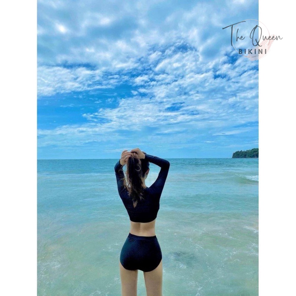 Bikini đồ bơi đi biển hai mảnh kín đáo dài tay phối lưới - The Queen Bikini 027 | BigBuy360 - bigbuy360.vn