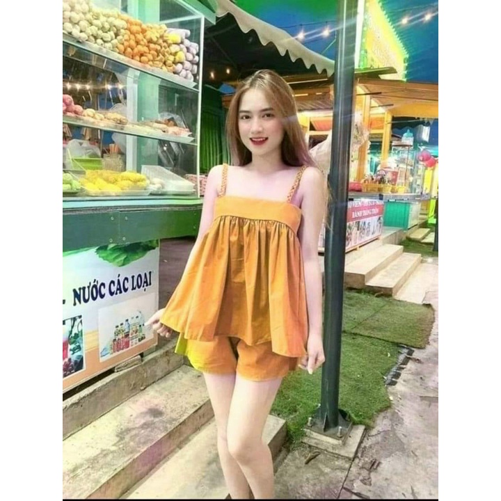 Set đùi lụa hàn hai dây cổ vuông màu sắc tươi tắn siêu xinh