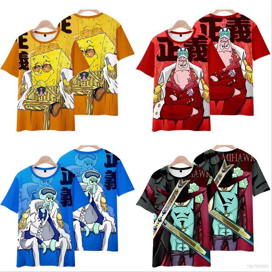 Áo Thun Tay Ngắn Dáng Rộng In Hình Nhân Vật Anime ONEPIECE X SpongeBob Trẻ Trung Hợp Thời Trang Cho Nam Và Nữ