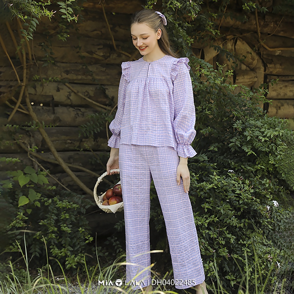 Bộ mặc nhà cao cấp thô kẻ tay dài quần dài chất liệu vải sợi tự nhiên mềm mịn MIALALA 2485 DH04022485