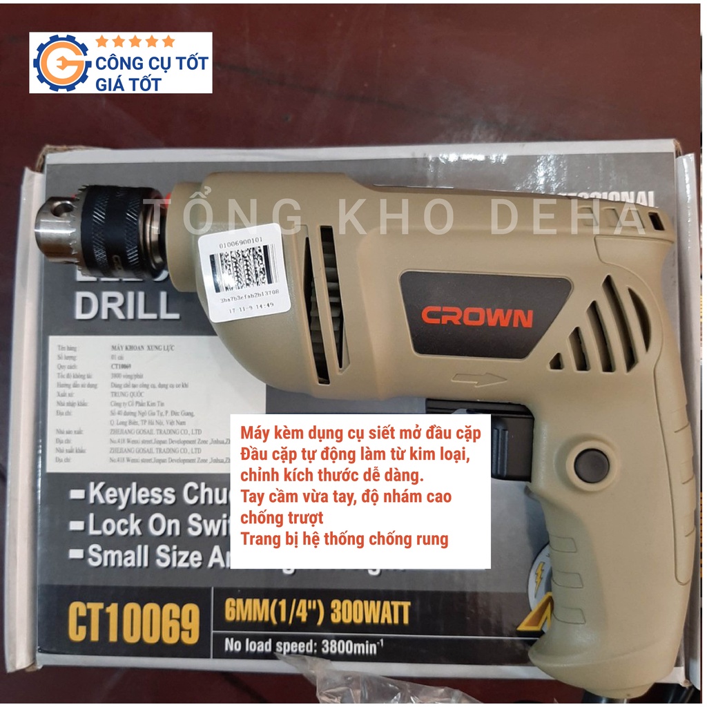 Máy khoan cầm tay chính hãng CROWN CT10069 300w 6mm siêu bền