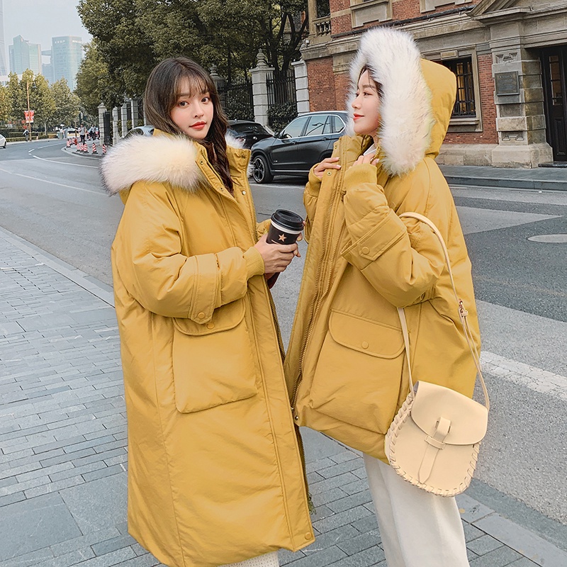 & Hàng Có Sẵn & 2022 Áo Khoác Phao Đệm Cotton Dáng Dài Qua Gối Cổ Lông Phong Cách Hàn Quốc Mới Cho Nữ