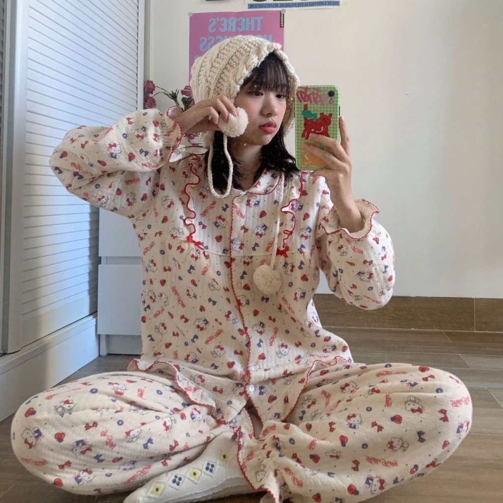 Bộ Đồ Ngủ Tay Dài In Hoạt Hình Hello Kitty Thời Trang Thu Đông Xinh Xắn Cho Nữ