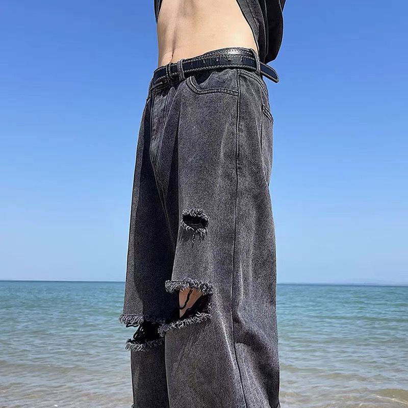 Áo Khoác jeans denim Phối Rách Màu Xám Khói Phong Cách vintage Đường Phố