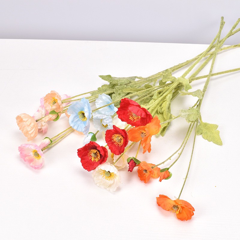 Hoa anh túc giả, hoa poppy vải lụa đẹp cao cấp 1 cành 3 hoa 1 nụ 53cm trang trí, decor phòng, quán cà phê, cửa hàng