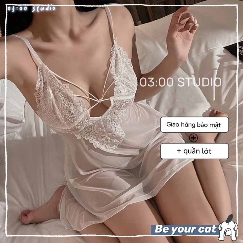 （Giao hàng bảo mật）🍨Đầm ngủ nữ sexy🍨 2 dây phối ren voan mỏng thắt sau lưng gợi cảm kèm quần lọt khe quyến rũ--034