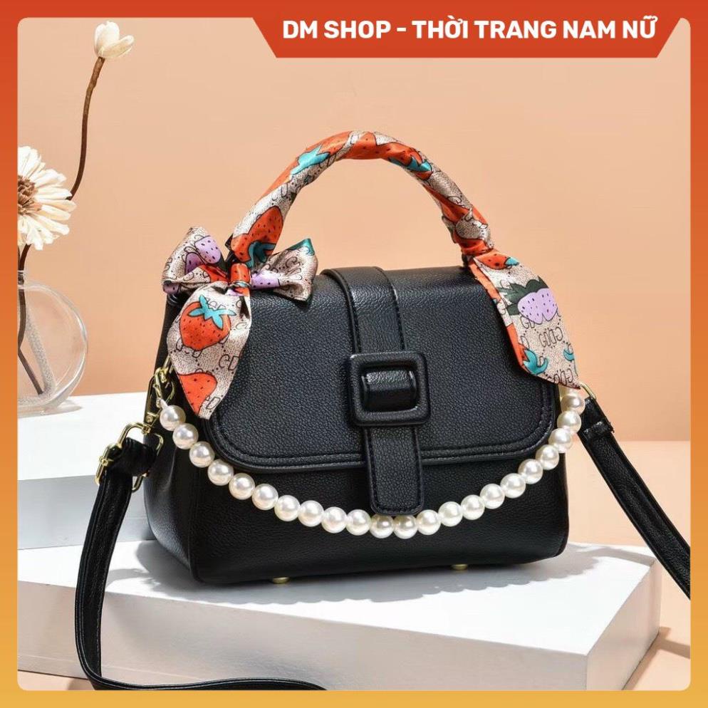 Túi đeo chéo nữ , Túi xách đeo vai phối quai ngọc trai kèm khăn tết cầm tay màu đen ghi nâu hồng thời trang DM Shop
