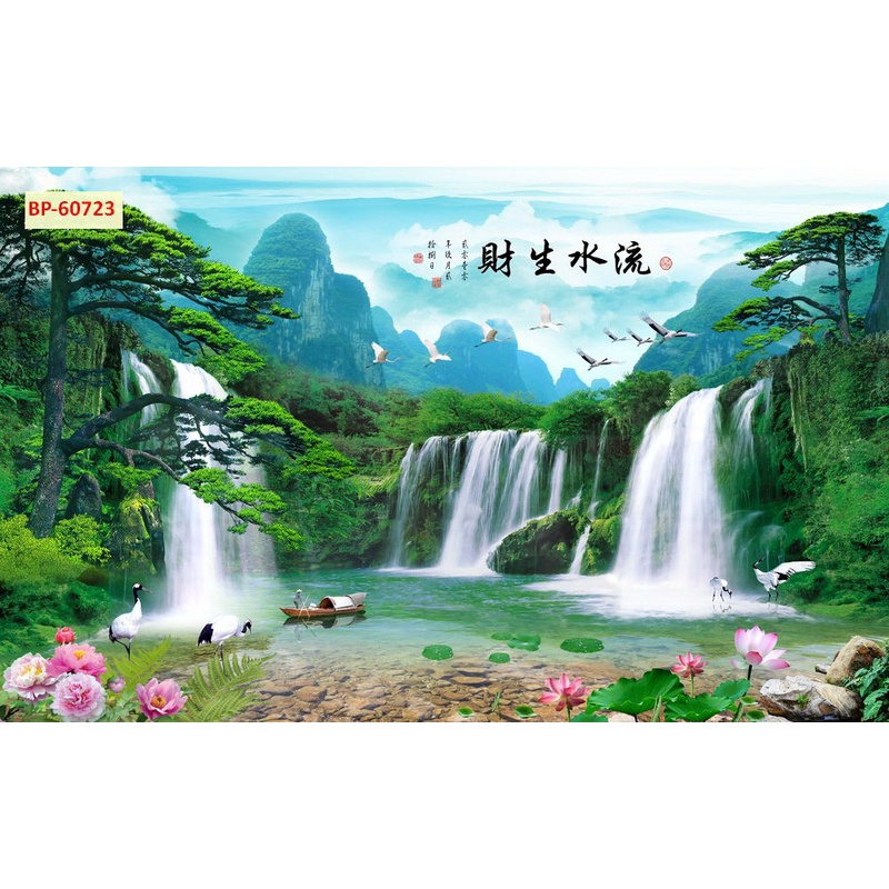 Tranh 3D Dán Tường Sơn Thủy Núi Non Thác Nước