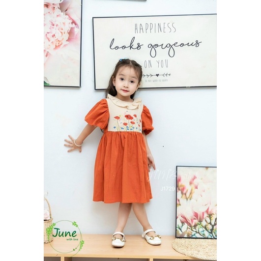 Đầm thô cara cam phối thêu 1-10Y