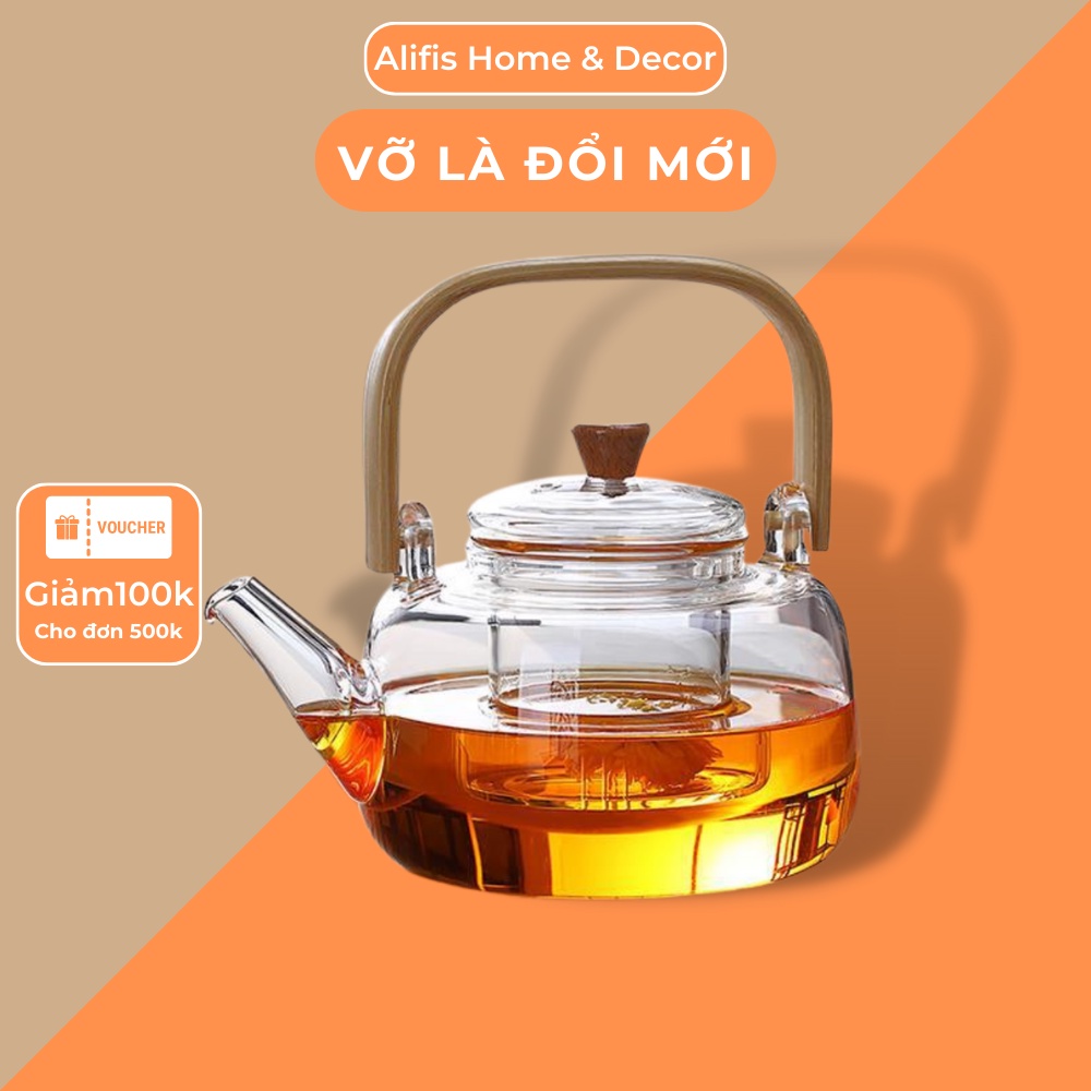 Bình trà thuỷ tinh chịu nhiệt cao cấp có lõi lọc và quai cầm bằng tre chống mốc dung tích 900ml Alifis